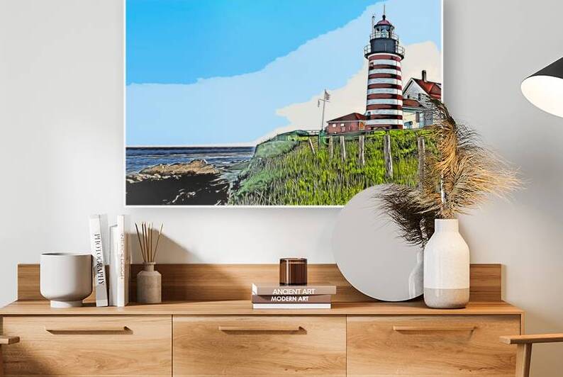 West Quoddy Head Light Over Rocky Shoreline in Down East Maine - Illus. by Allan Wood