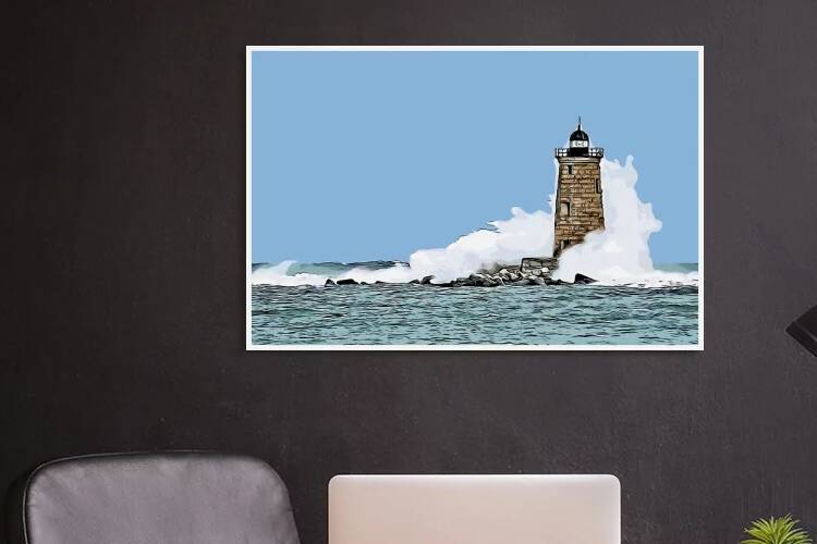 Great Wave Covers Stone Tower of Whaleback Light in Maine - Illus. by Allan Wood