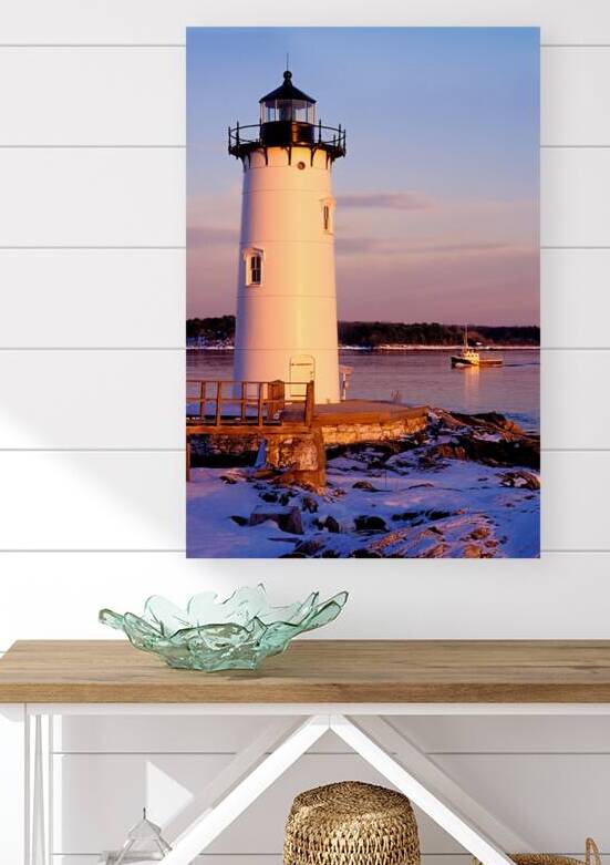 Portsmouth Harbor Light Guides Lobster Boat in New Hampshire Winter by Allan Wood