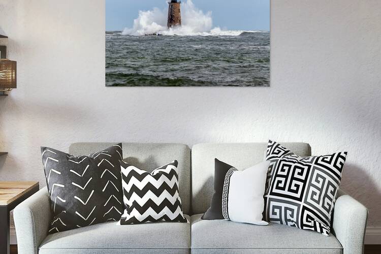 Giant Waves Around Stone Tower of Whaleback Light in Maine by Allan Wood