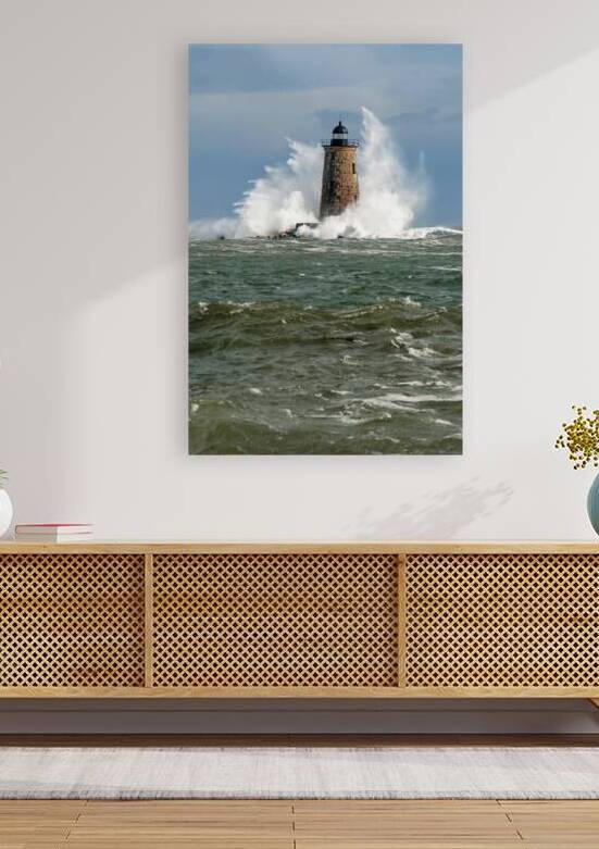 Giant Waves Breaking Around Whaleback Lighthouse Stone Tower in Maine by Allan Wood