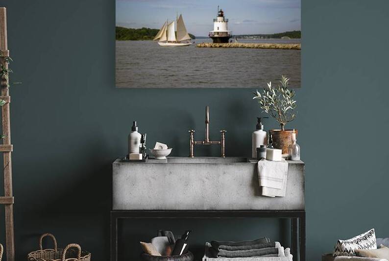 Schooner Windjammer Passes Spring Point Ledge Lighthouse in Maine by Allan Wood