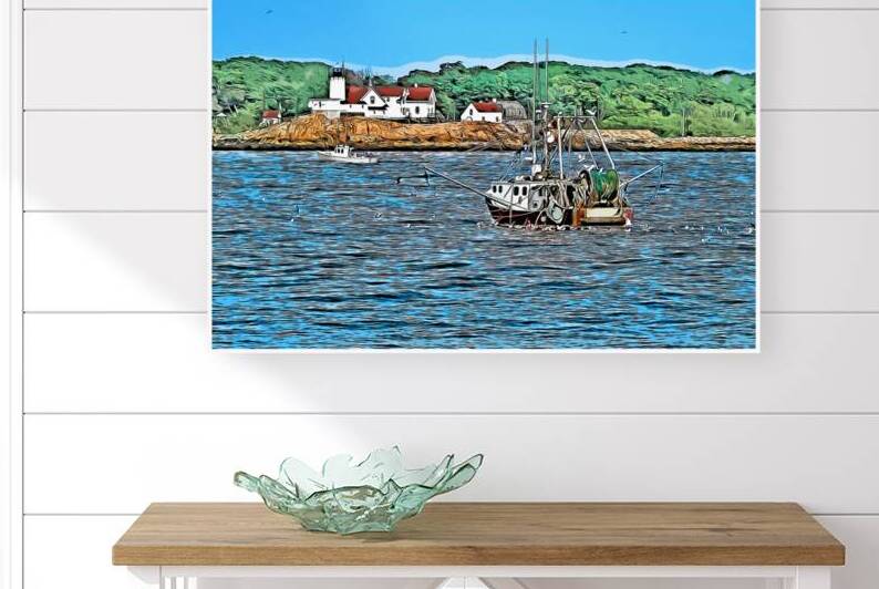 Fishing Trawler By Eastern Point Lighthouse in Gloucester in Massachusetts - Illus. by Allan Wood