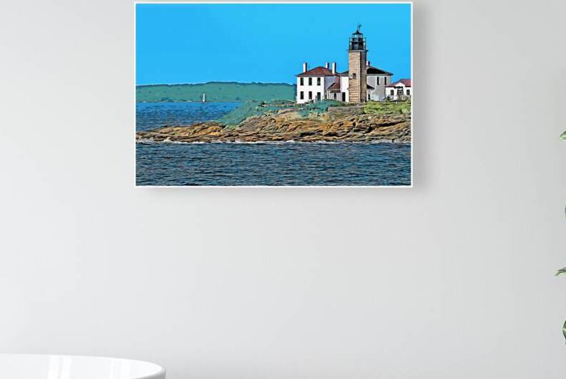 Beavertail Lighthouse Overlooking Narragansett Bay on Sunny Day in Rhode Island - Illus. by Allan Wood