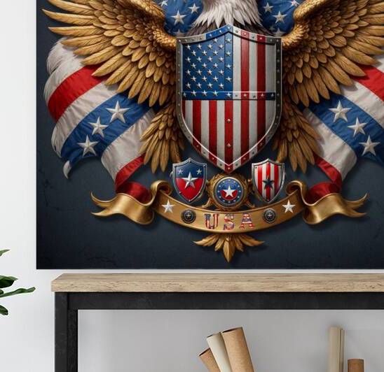 Golden Bald Eagle USA America Flag Shield  by Coolicality