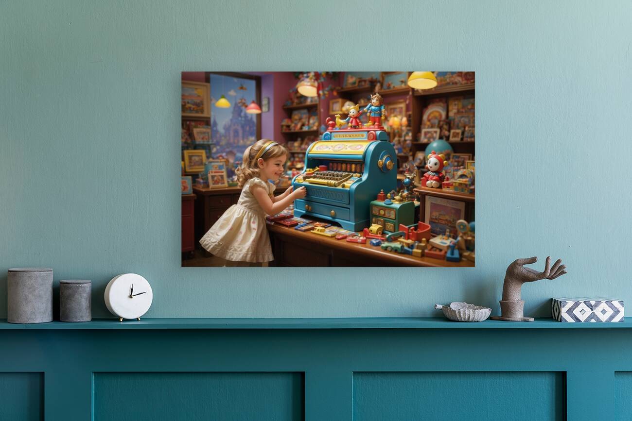 Default A charmingly vibrant toy store cashier co Reproduction