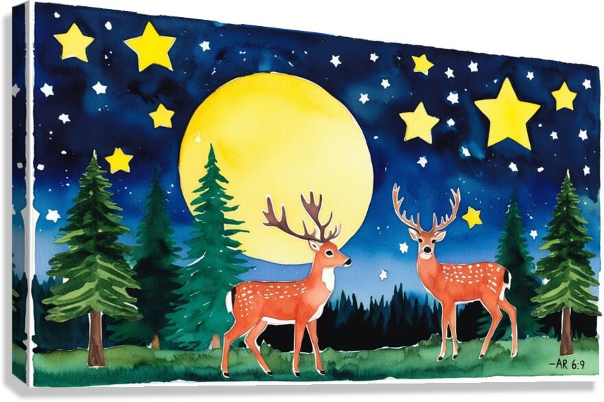 Whimsical Deer Under a Starry Night – Watercolor Art by GOGO ART Wall Art