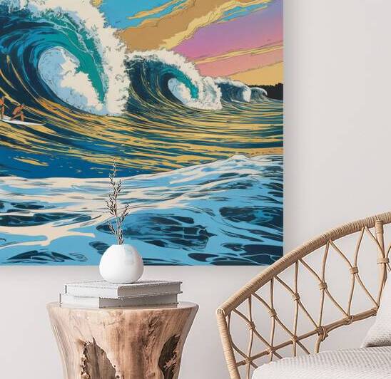 Pop Art Ocean Waves and Surfers Canvas – Vibrant Coastal Wall Decor  by James Yoke