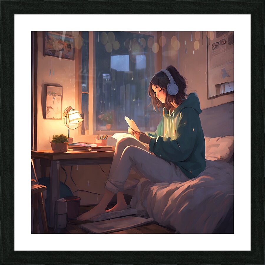 0   An anime girl in a cozy bedroom listening to Picture Frame print
