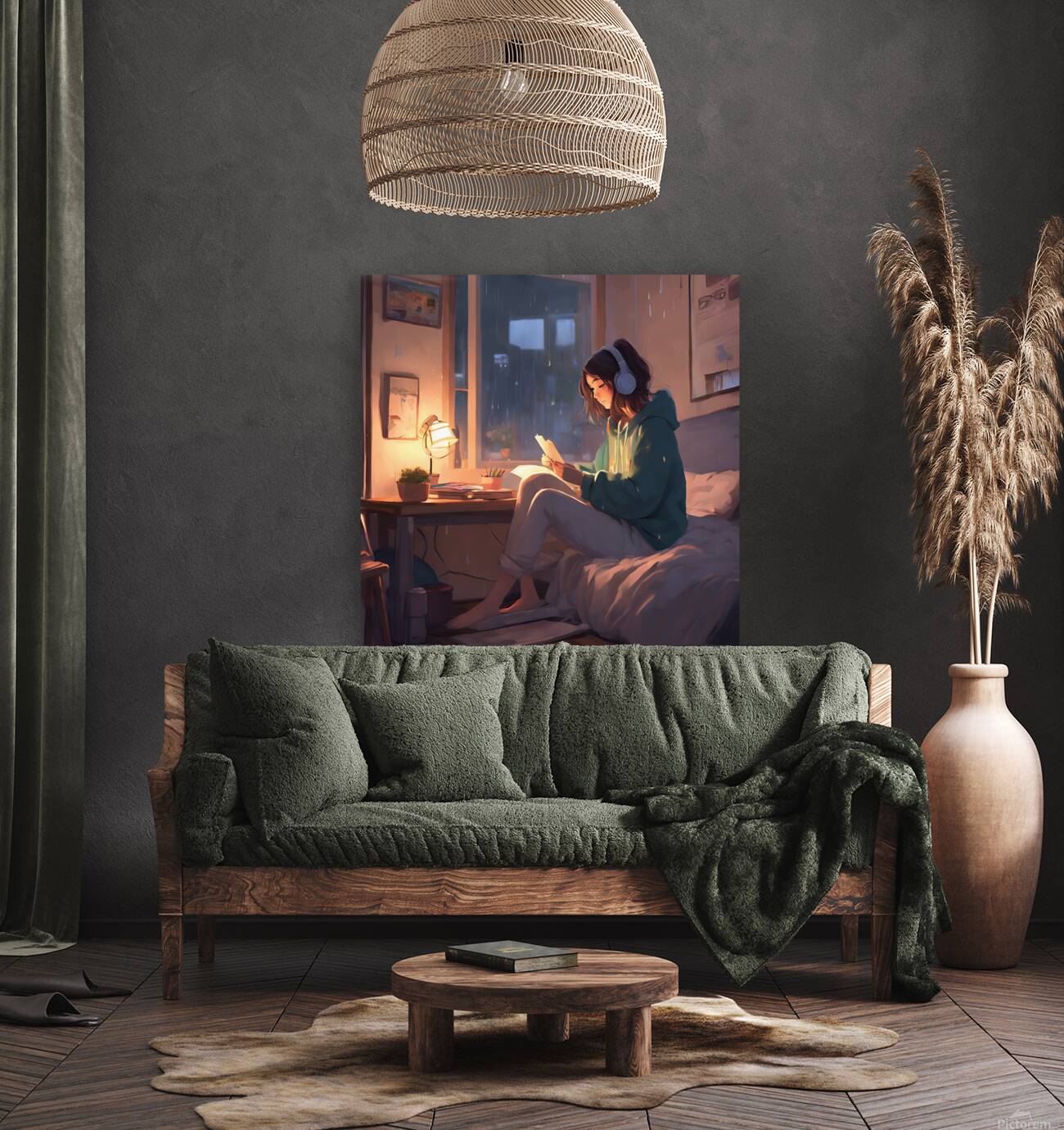 0   An anime girl in a cozy bedroom listening to Reproduction