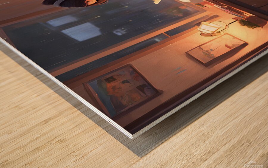 0   An anime girl in a cozy bedroom listening to Wood print