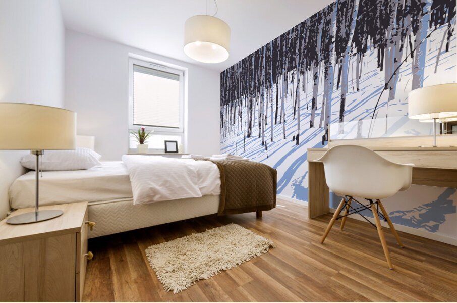Birch Shadows on Snow Mural print