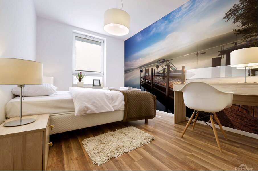 Cloudy sunrise over dock Mural print