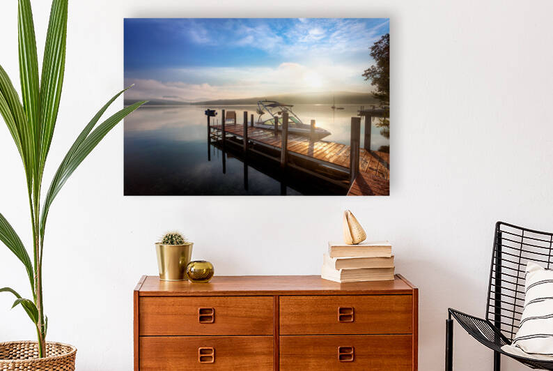 Cloudy sunrise over dock Reproduction