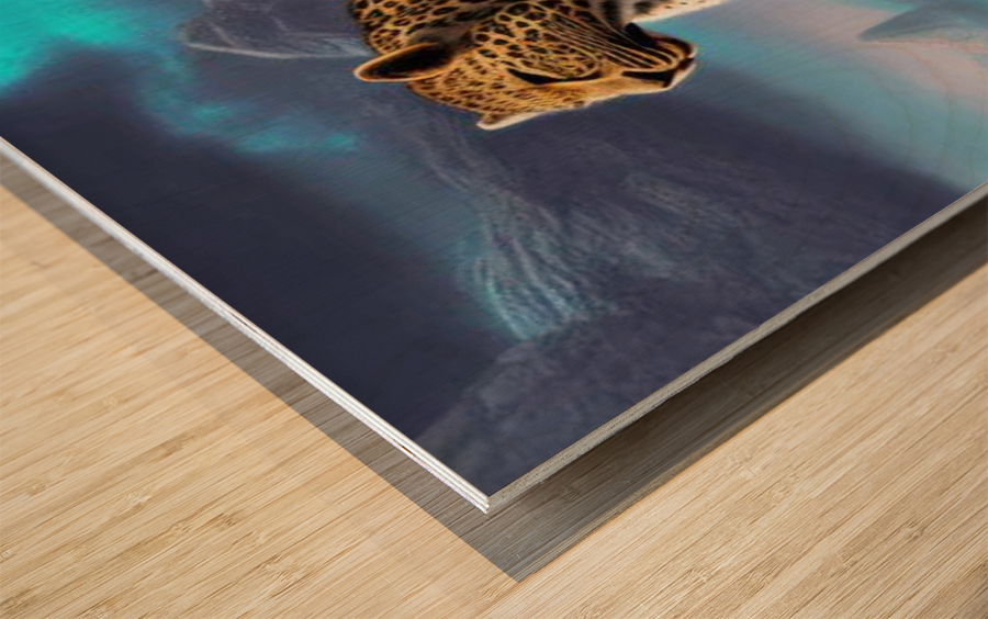 Leopard on the rocks.  Wood print