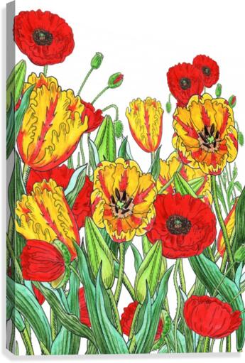 Parrot Tulips And Red Poppies Garden Canvas Print