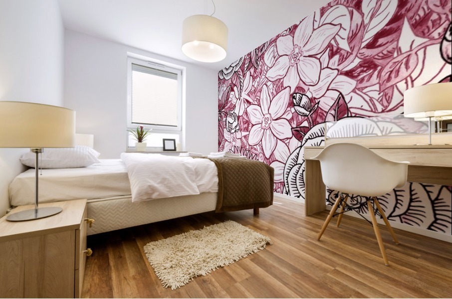 Watercolor Botanical Flowers Garden Pink Flowerbed I Mural print