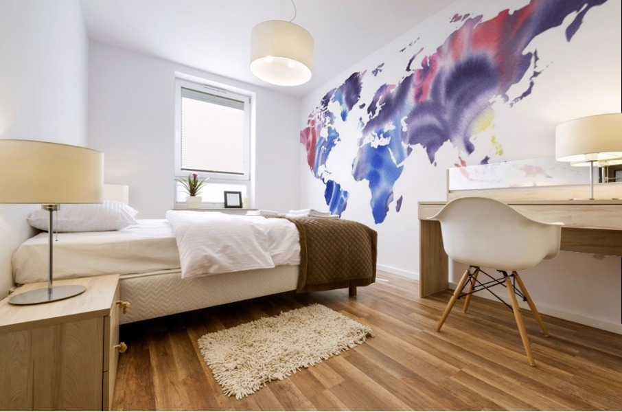 Watercolor Silhouette World Map Purple Blue Mural print