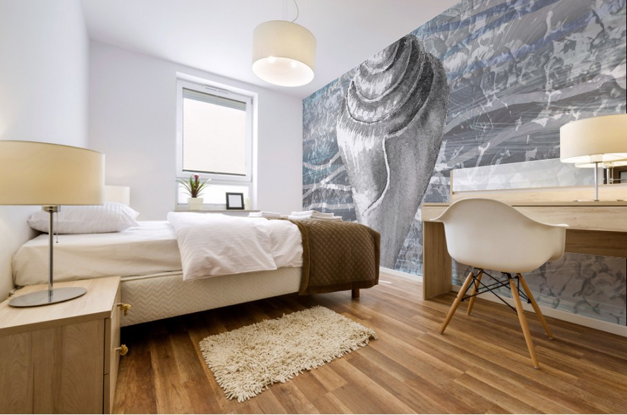 Silver Gray Seashell On Ocean Shore Waves And Rocks VII Mural print