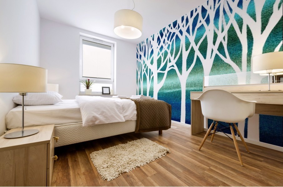 White And Teal Forest Mural print