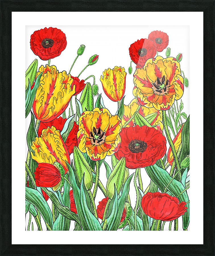 Parrot Tulips And Red Poppies Garden Picture Frame print