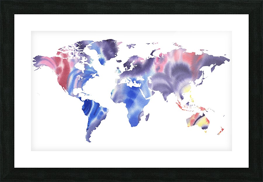 Watercolor Silhouette World Map Purple Blue Picture Frame print