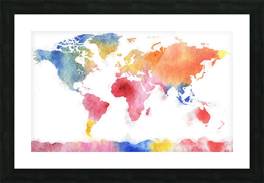 Watercolor Silhouette World Map Rainbow Sea Picture Frame print
