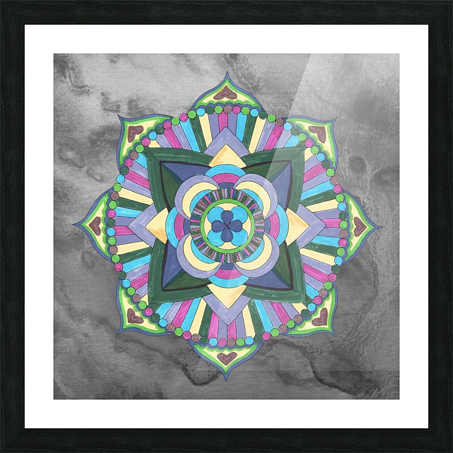 Hand Painted Mandala Watercolor Meditation On Gray Picture Frame print