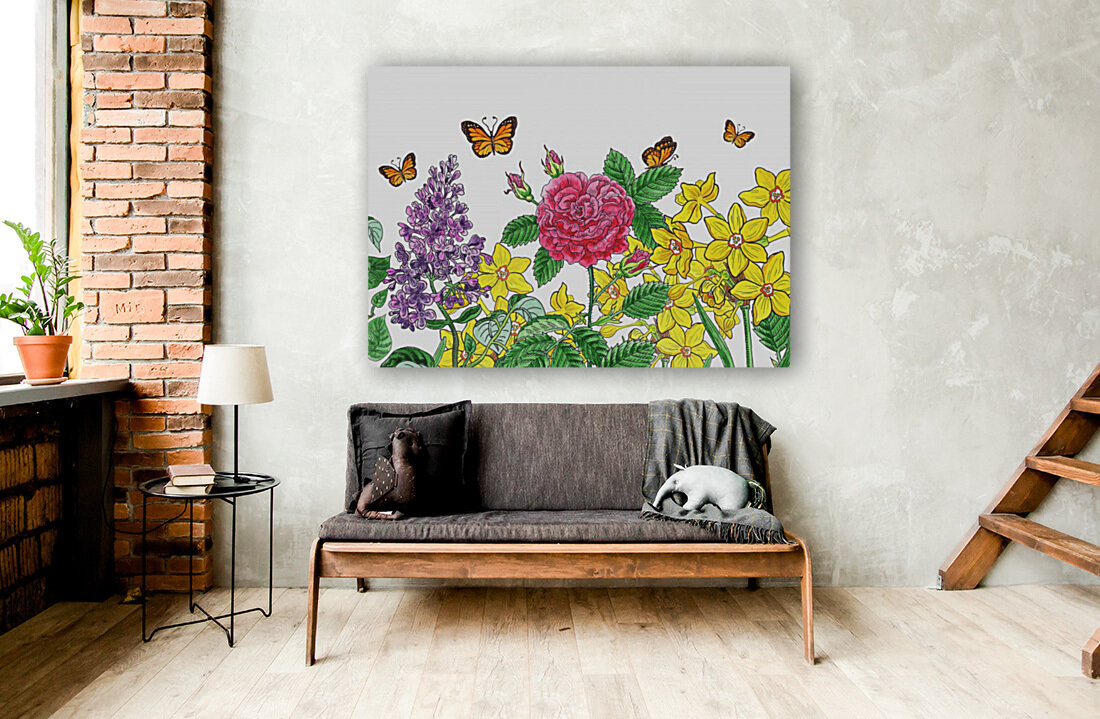 Flowers And Butterflies Watercolor Garden Reproduction
