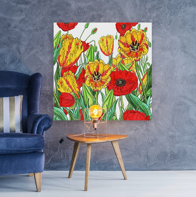 Parrot Tulips And Red Poppies Garden Reproduction