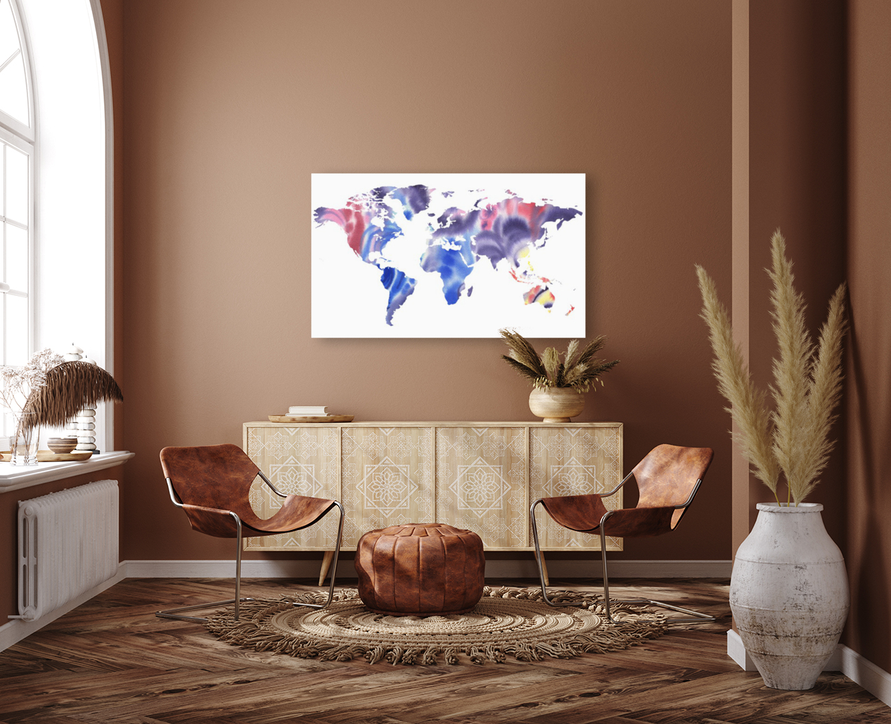 Watercolor Silhouette World Map Purple Blue Reproduction