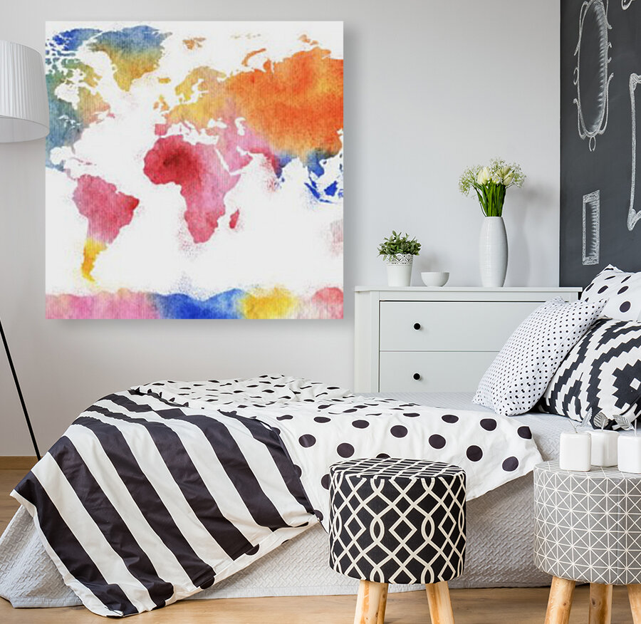 Watercolor Silhouette World Map Rainbow Sea Reproduction