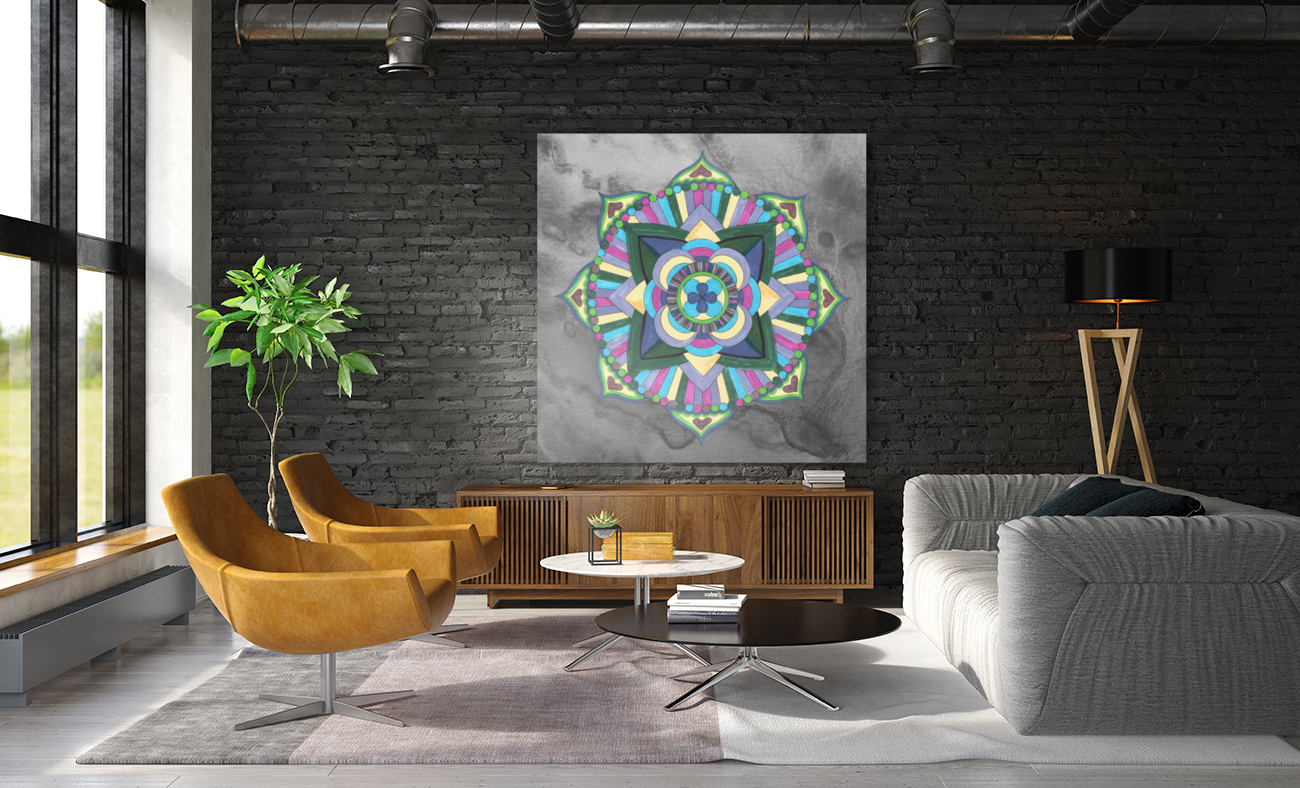 Hand Painted Mandala Watercolor Meditation On Gray Reproduction
