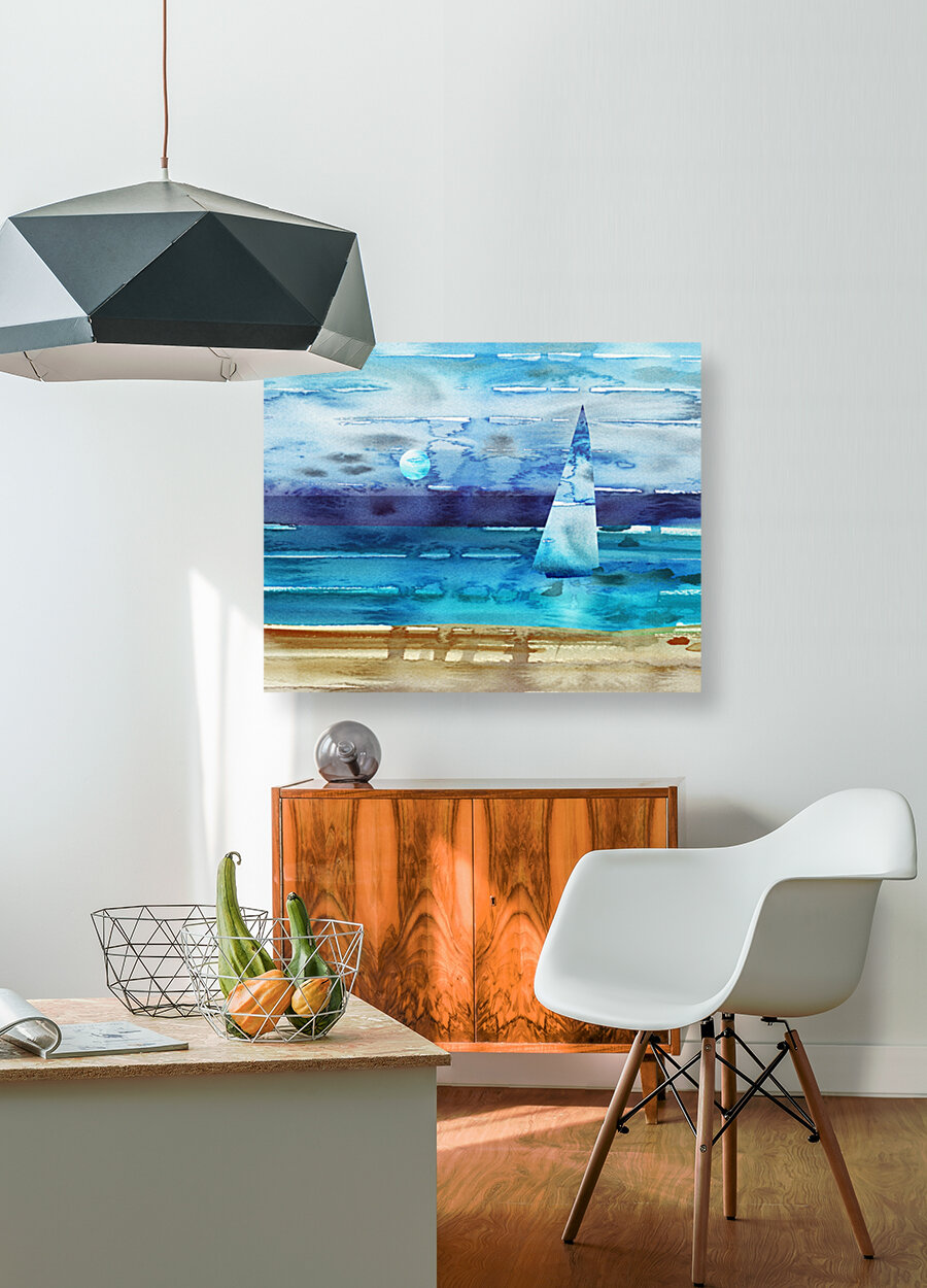 Beach House Art Sailboat At The Ocean Shore Seascape Painting V Reproduction