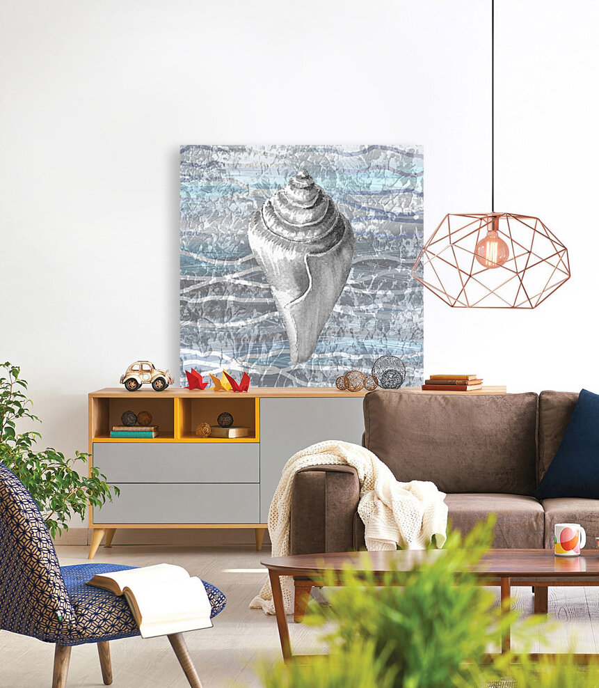 Silver Gray Seashell On Ocean Shore Waves And Rocks VII Reproduction