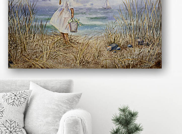 Girl Standing At The Ocean Watching Sailboat and Birds by Irina Sztukowski