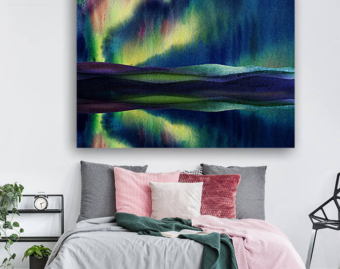 Aurora Borealis Magic Reflections Northern Lake Lights Watercolor by Irina Sztukowski