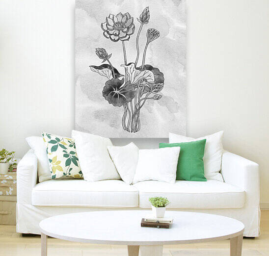 Lotus Simple Gray Botanical Flower On Watercolor Marble  by Irina Sztukowski