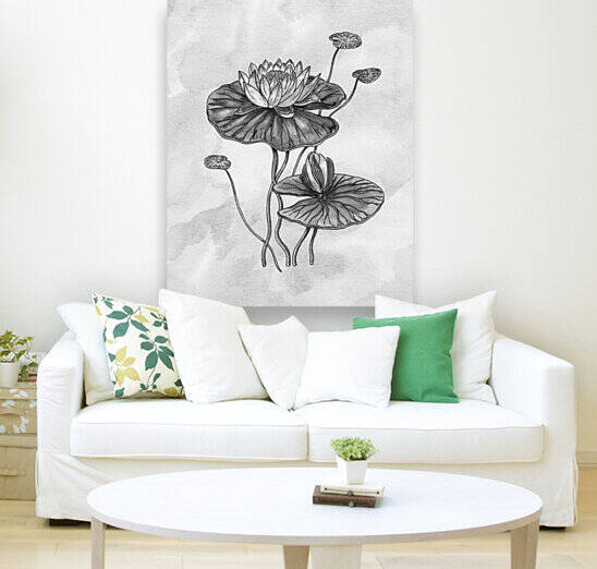 Waterlily Simple Gray Botanical Flower On Watercolor Marble  by Irina Sztukowski