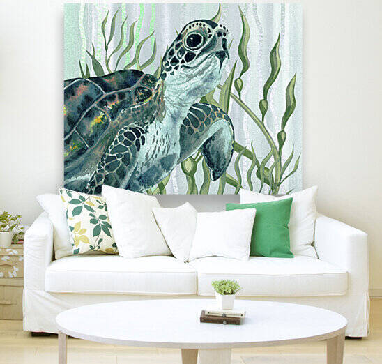 Watercolor Giant Turtle In The Seaweed Under Water I by Irina Sztukowski