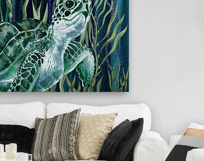 Watercolor Giant Turtle In The Seaweed Under Water VI by Irina Sztukowski