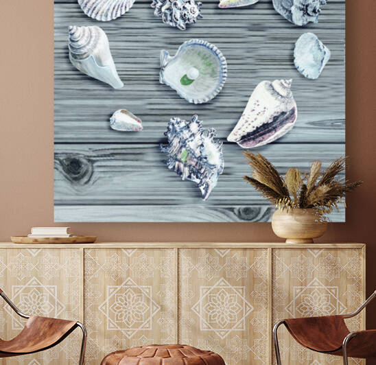 Silver Gray Seashells Heart On Ocean Shore Wooden Deck Beach House Art  by Irina Sztukowski