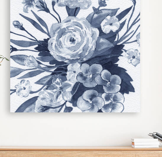 Indigo Blue Monochrome Flowers Bouquet Watercolor by Irina Sztukowski