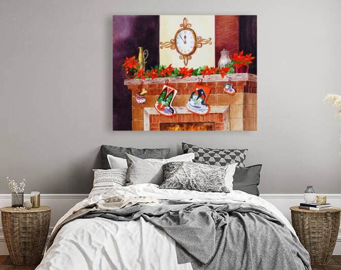 Christmas Fireplace Clock Stockings Holiday Art By Irina Sztukowski  by Irina Sztukowski