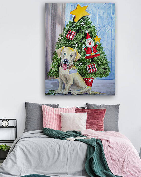 Christmas Tree With Yellow Lab Dog Watercolor  by Irina Sztukowski