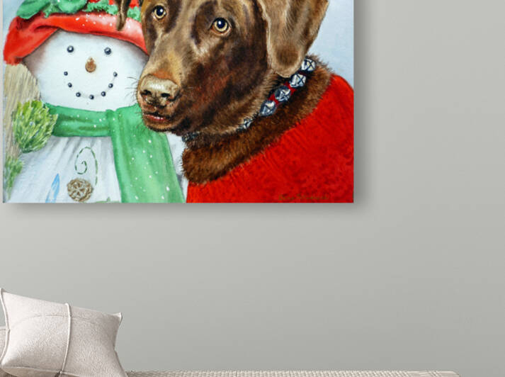 Snowman With Chocolate Labrador Dog Christmas Cute Watercolor  by Irina Sztukowski