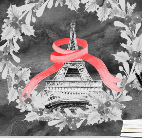 Silver Gray Eiffel Tower Christmas Wreath Red Ribbon  by Irina Sztukowski