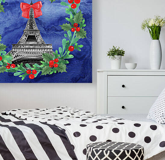 Eiffel Tower Christmas Wreath On Blue Watercolor  by Irina Sztukowski