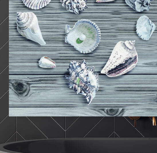 Seashells On Gray Wooden Deck Beach House She by Irina Sztukowski