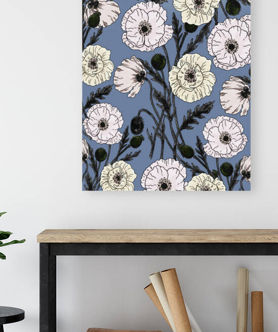 Creamy Soft Yellow And Pink Poppies On Blue Botan by Irina Sztukowski